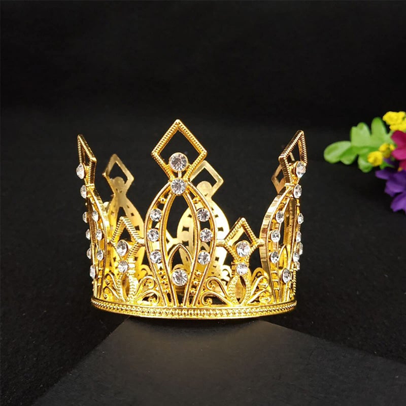 Creaides Mini Crown Cake Topper Princess and Prince Crystal Headpiece Tiara Rhinestone Crown Cake Decoration for Wedding Birthday Baby Shower Party Favors (Golden) - Image 5